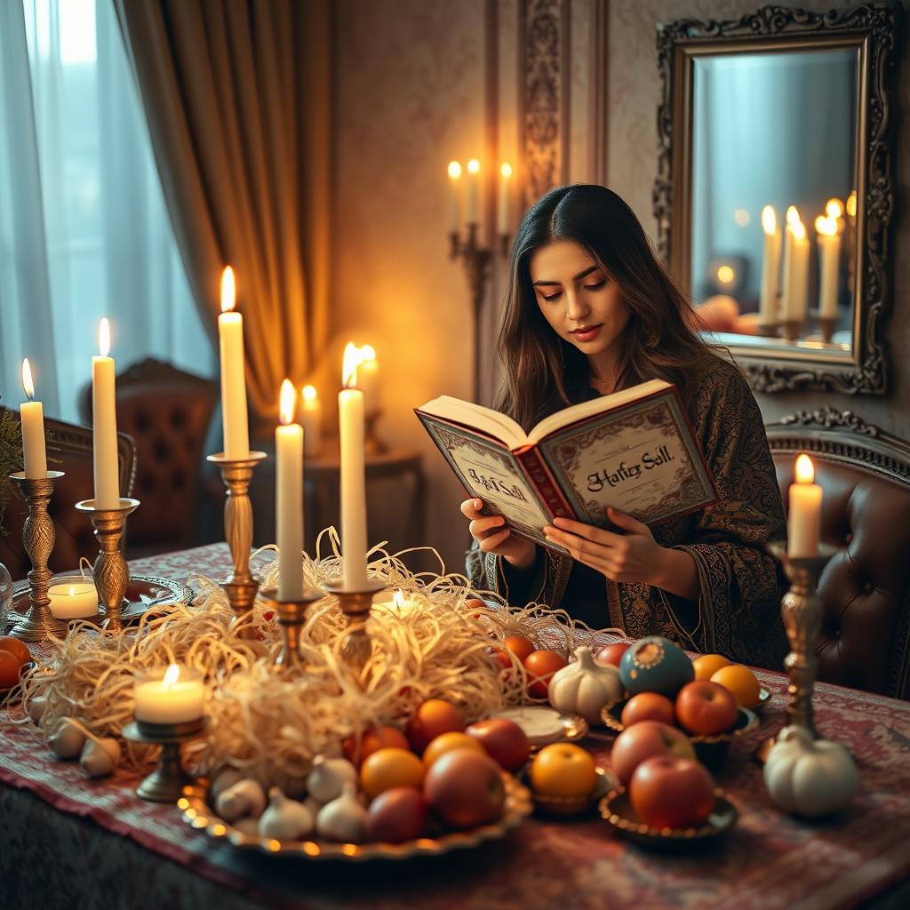 A beautiful Iranian woman reading a book of Hafez next to a large Haft-Seen table, elegantly arranged with fresh Sabzeh (wheat sprouts), shining candles, and a mirror reflecting the soft light