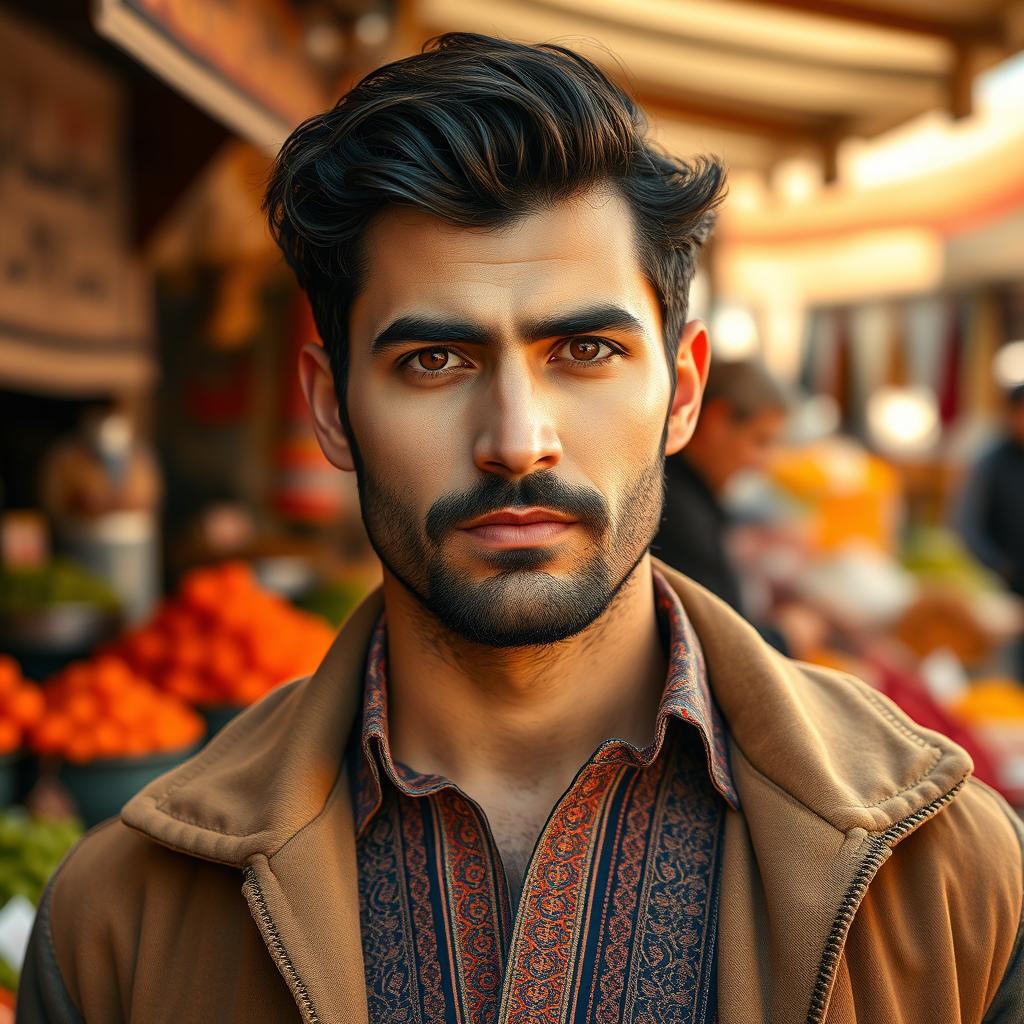 An original portrait of an Iranian man with striking features, a strong jawline, and expressive brown eyes