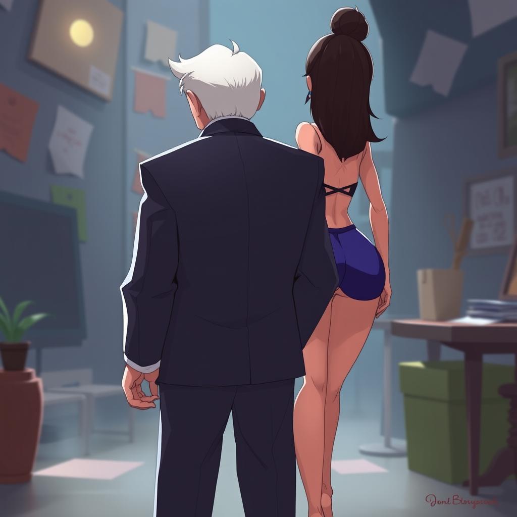 A stylized character resembling a political figure, standing with their back to the viewer, looking towards a female character whose face is turned towards the viewer