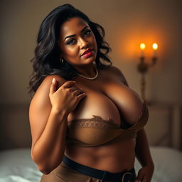 A voluptuous and seductive woman, exuding confidence as she displays her curvaceous figure in minimal clothing that accentuates her large breasts
