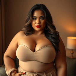 A voluptuous and seductive woman, exuding confidence as she displays her curvaceous figure in minimal clothing that accentuates her large breasts