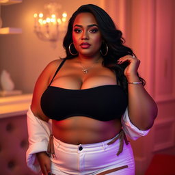 A curvy and alluring woman, confidently displaying her voluptuous figure in minimal clothing that highlights her large breasts