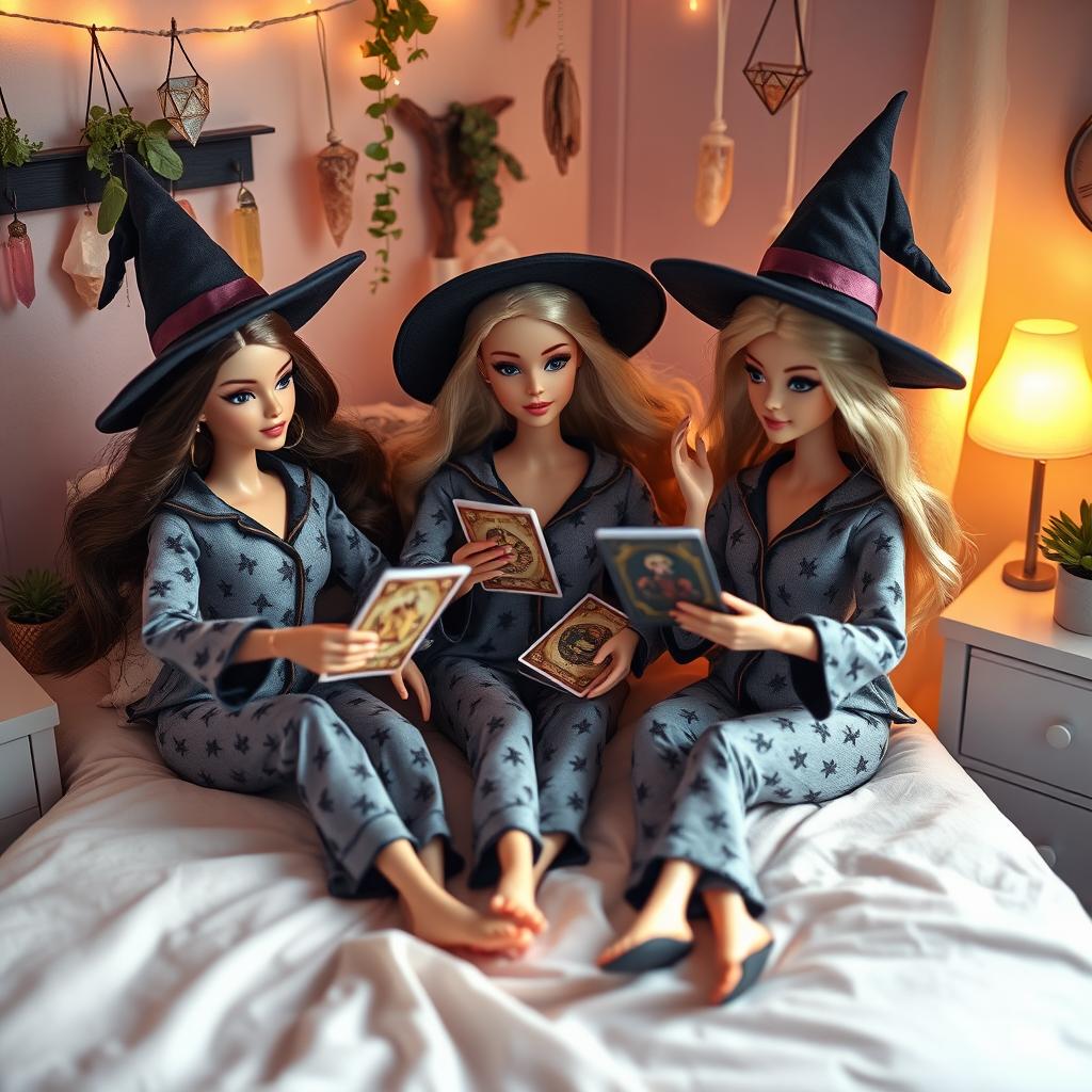 Three Barbie dolls with a witch aesthetic in pajamas, sitting on a youthful bedroom bed
