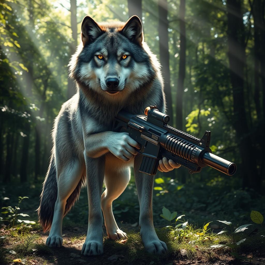 A magnificent wolf standing proudly in a dense, lush forest, wielding a powerful machine gun
