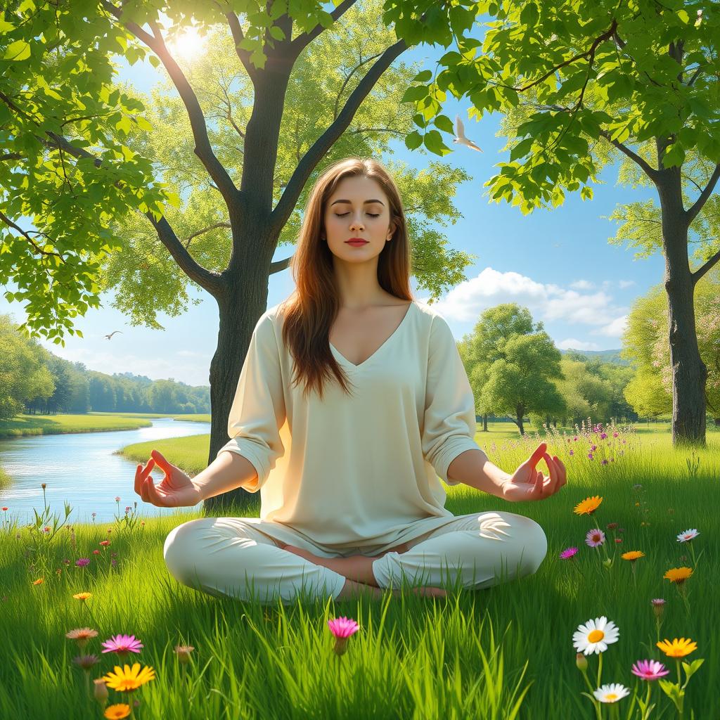A serene scene depicting a woman meditating in nature