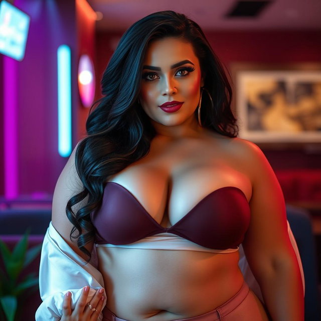 A voluptuous and alluring woman with a curvy body and large breasts, dressed in minimal clothing that highlights her seductive features