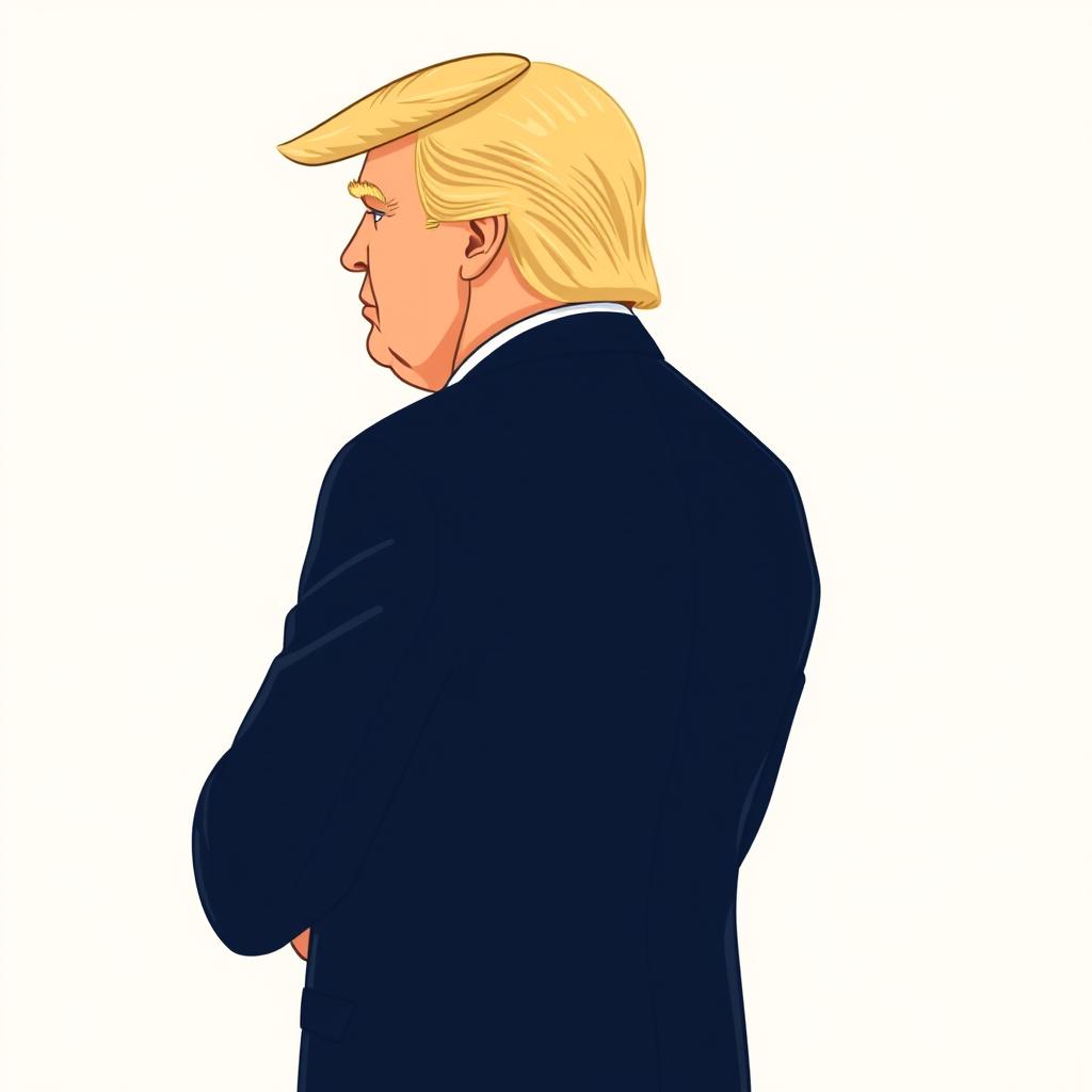 A stylized portrait of President Trump, depicted from a profile view where he looks back over his shoulder