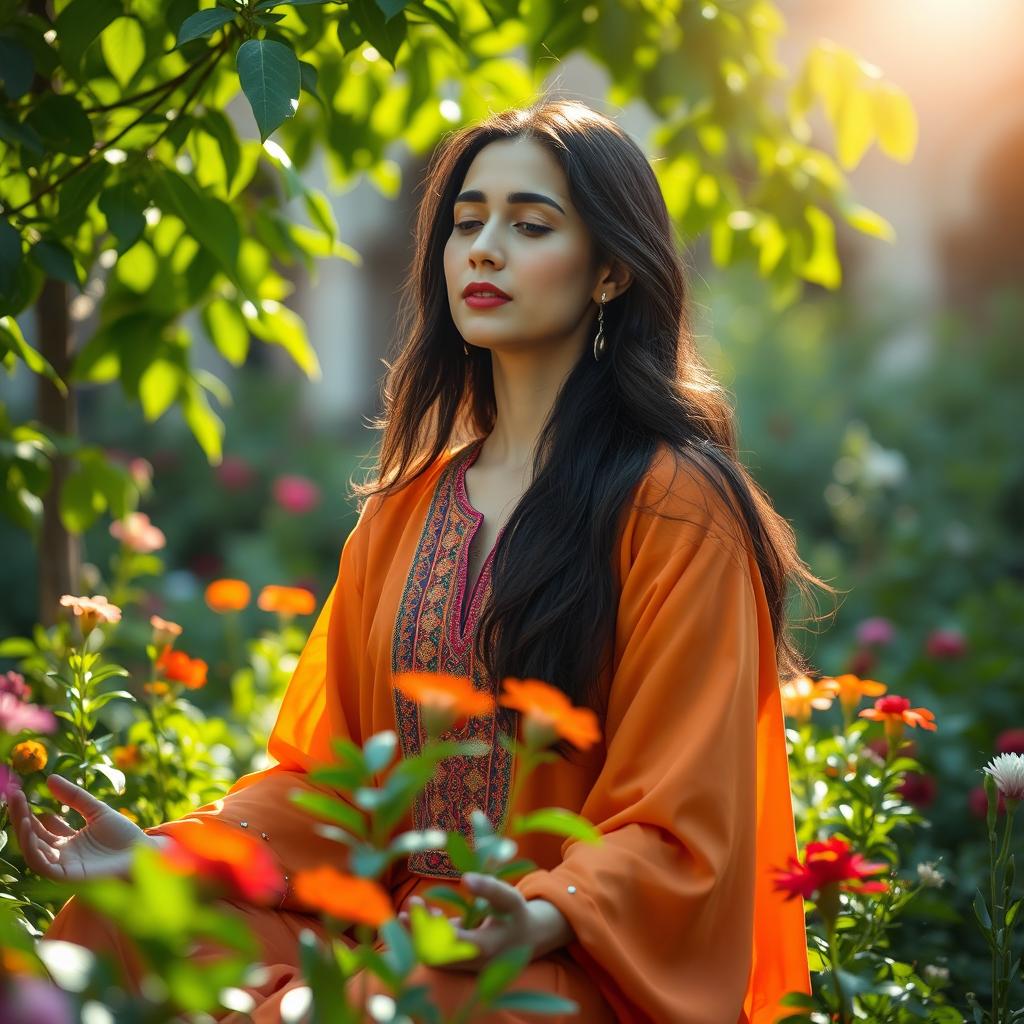 A serene Iranian woman in traditional clothing, deeply immersed in meditation