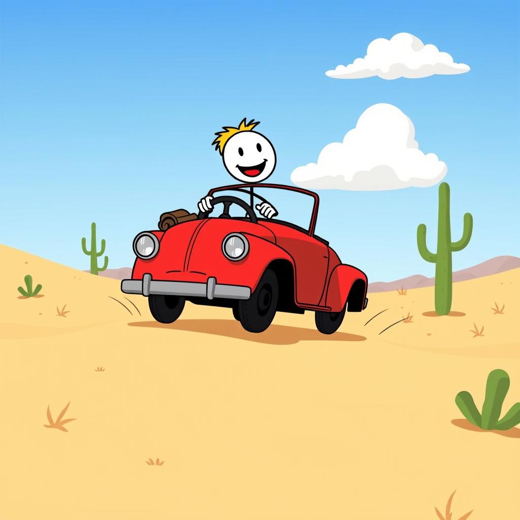 A 10-second animation featuring a stick figure driving an old red car through an American desert landscape