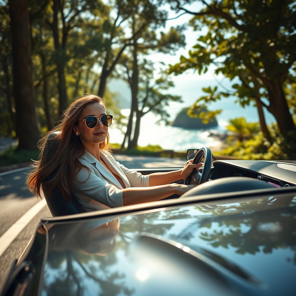 A successful woman confidently driving her luxury model car along a scenic route that winds through a lush forest and alongside a vibrant sea