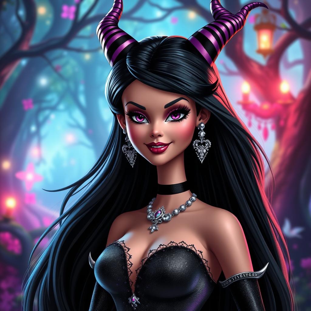 A whimsical yet dark interpretation of a Disney-inspired evil Barbie character, featuring a glamorous and playful design