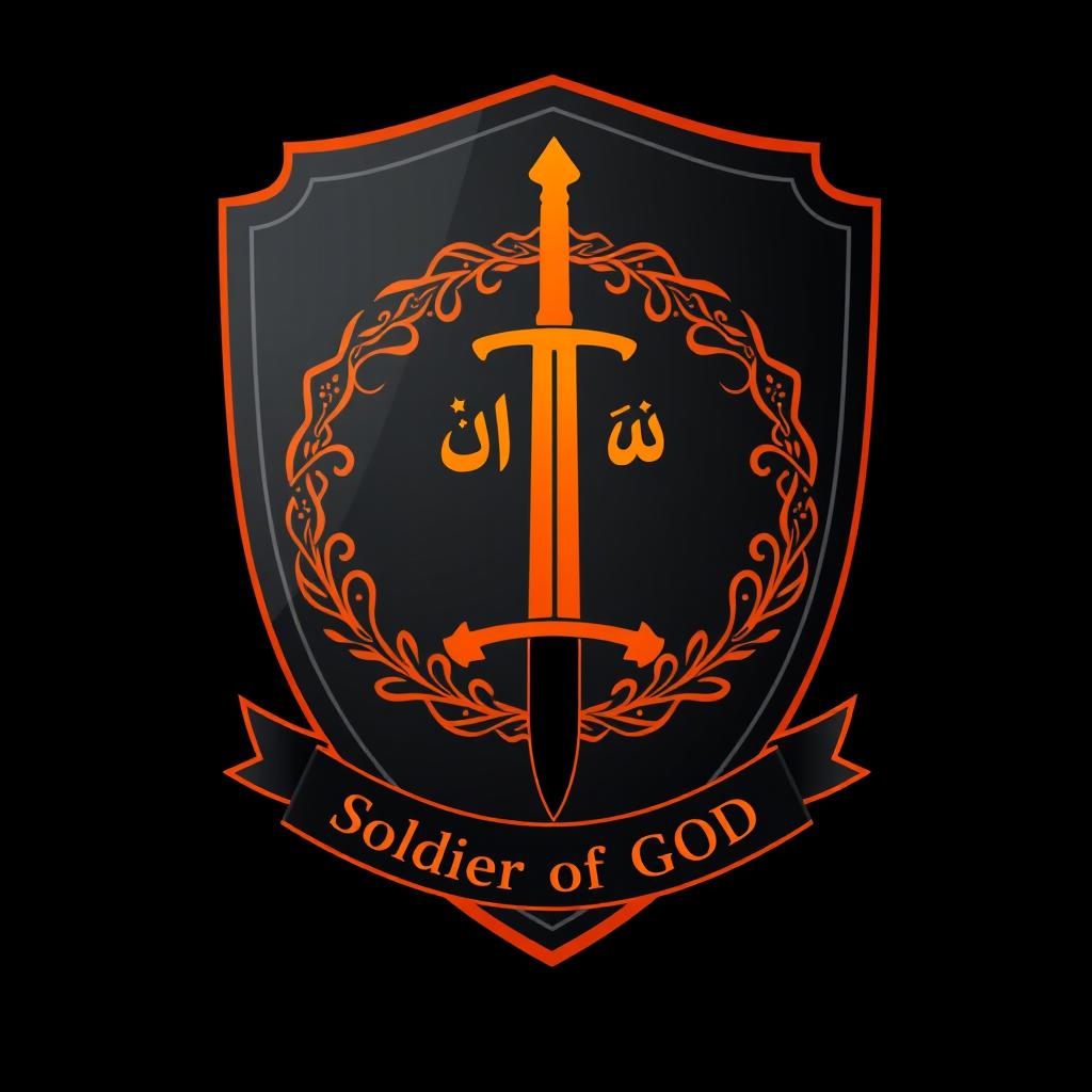 A religious Islamic emblem (Sunni) featuring a matte black shield with a vibrant orange border adorned with Islamic geometric patterns