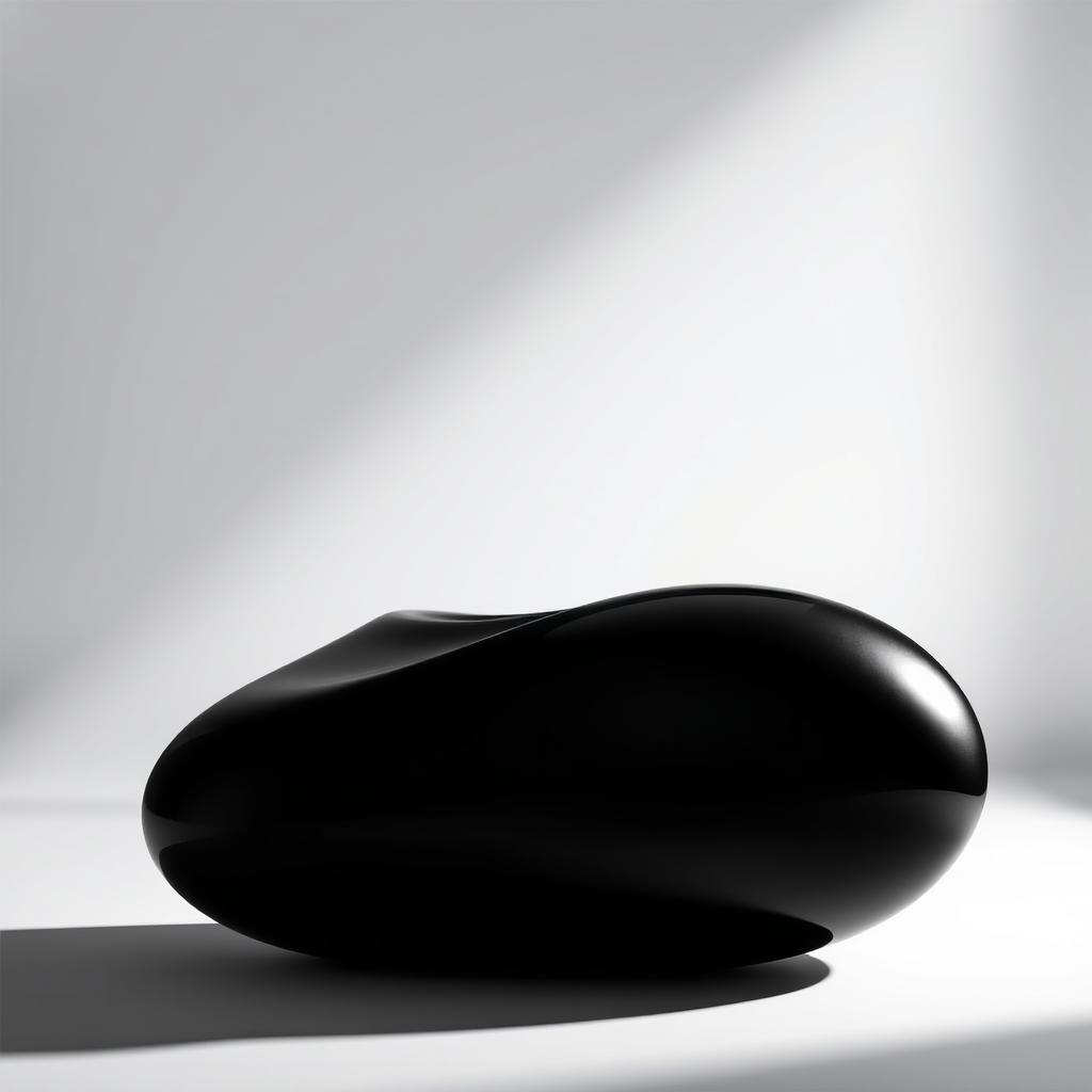 A striking black object in a minimalist setting, showcasing elegant design and smooth textures, with dramatic lighting creating high contrast against a light background