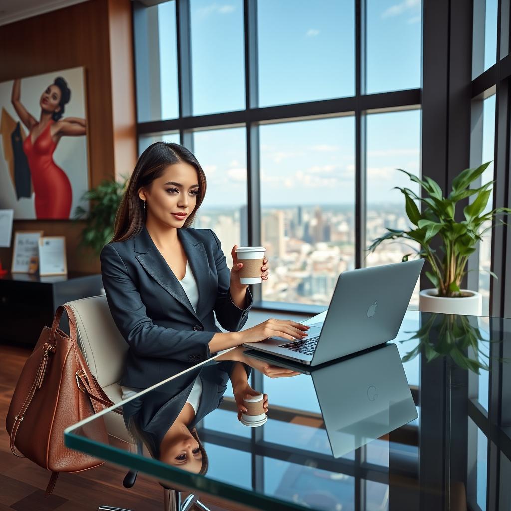 A confident businesswoman in a luxurious office setting, wearing an elegant tailored suit, sitting at a sleek glass desk