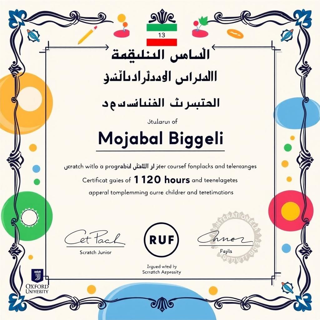 A beautifully designed certificate for an Iranian Scratch Junior programming course tailored for children and teenagers