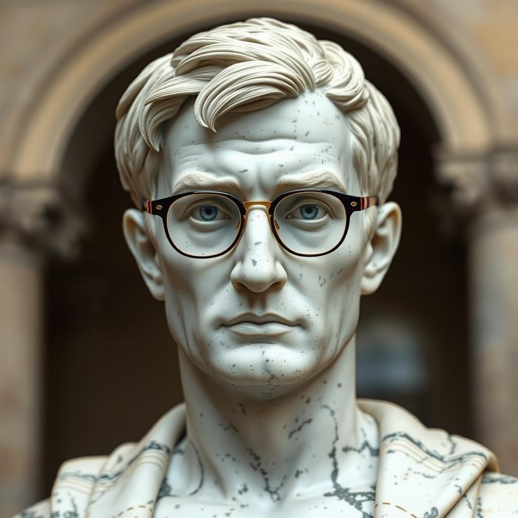 A marble bust of a man with minimal hair, wearing ordinary glasses, showcasing detailed textures of the marble with classic sculptural features