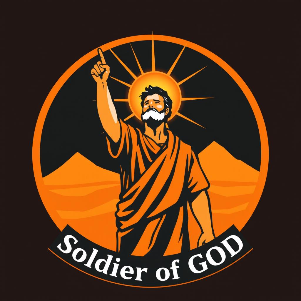 A religious emblem featuring a man in simple or military clothing, his right hand raised towards the sky with his index finger pointing upwards