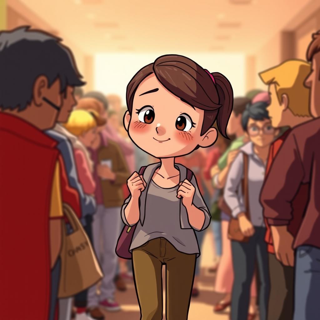 A 10-second animation featuring a shy person nervously walking through a crowd, gradually making their way toward the camera