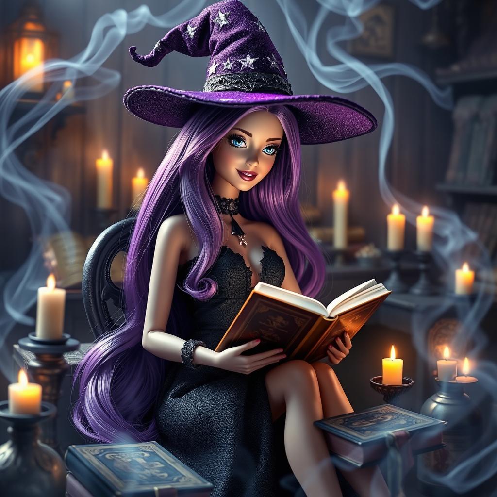 A Barbie with long, flowing violet hair, wearing a stylish black dress and a witch's hat adorned with stars