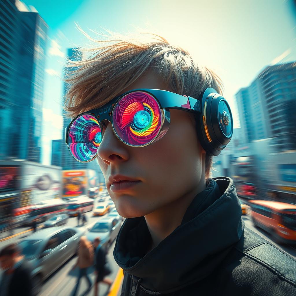 A futuristic depiction of a person with hypnotic vision, able to see 40 meters ahead, showcasing vibrant, swirling colors and patterns in their eyes that amplify their perception