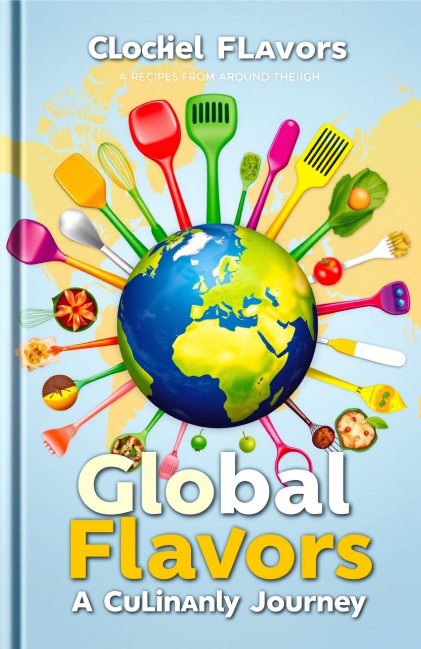 A vibrant book cover design featuring the planet Earth at the center, surrounded by colorful kitchen utensils like spatulas, whisks, and measuring cups