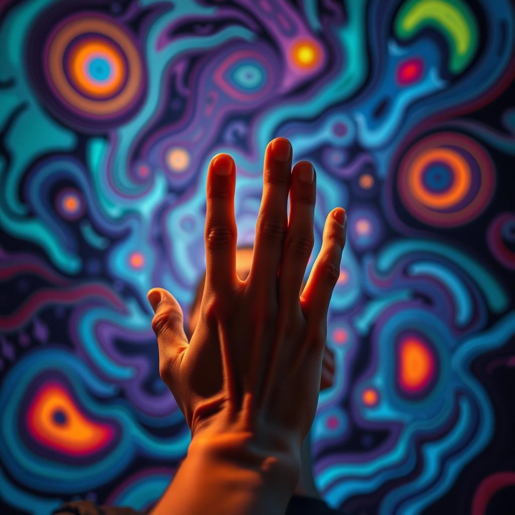 A surreal scene depicting a person's perspective as they are mesmerized by a hypnotic visual illusion