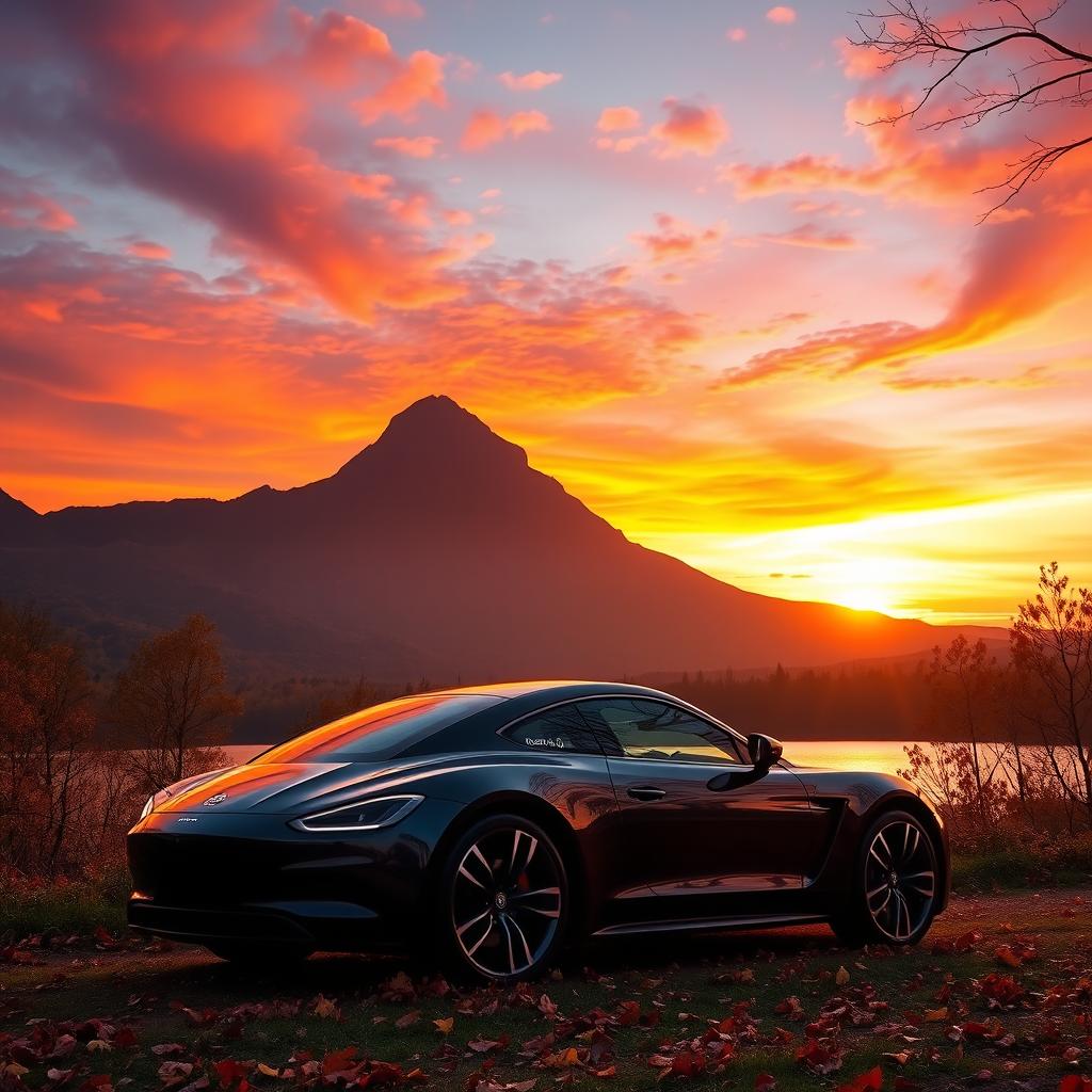 A stunning autumn sunset scene showcasing a majestic mountain silhouette against a vibrant sky filled with hues of orange, pink, and purple