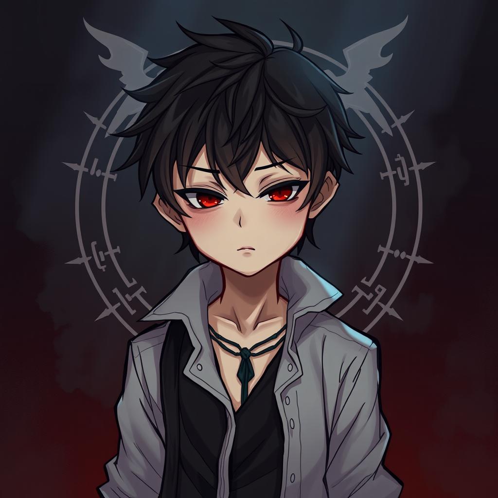 A single male character representing the Antichrist, depicted as a young boy with a mysterious and intriguing aura