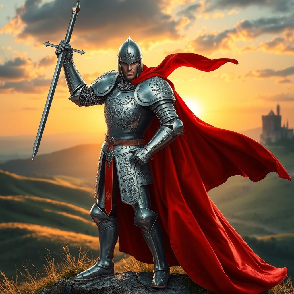 A majestic knight in shining armor standing proudly on a hilltop