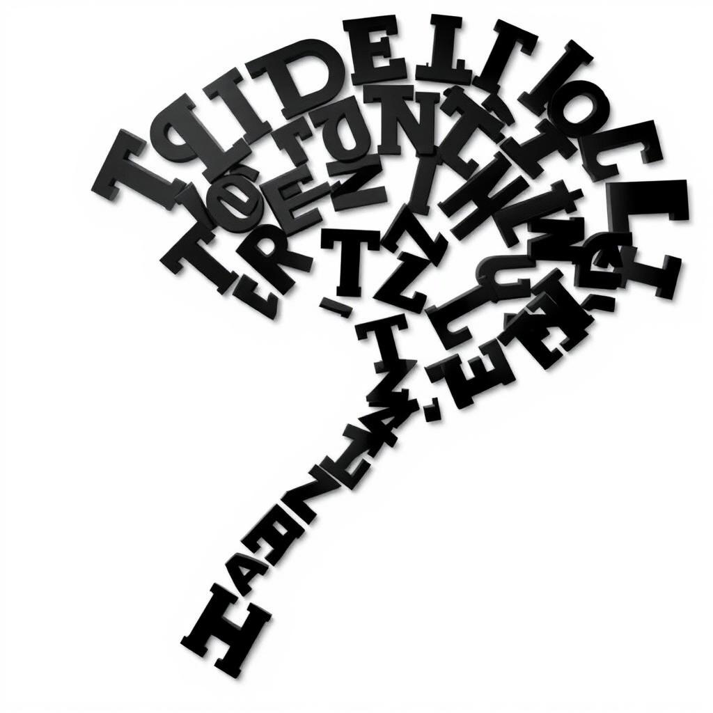 A dynamic and artistic tornado made entirely of black letters swirling and twisting into a funnel shape, contrasting beautifully against a clean white background