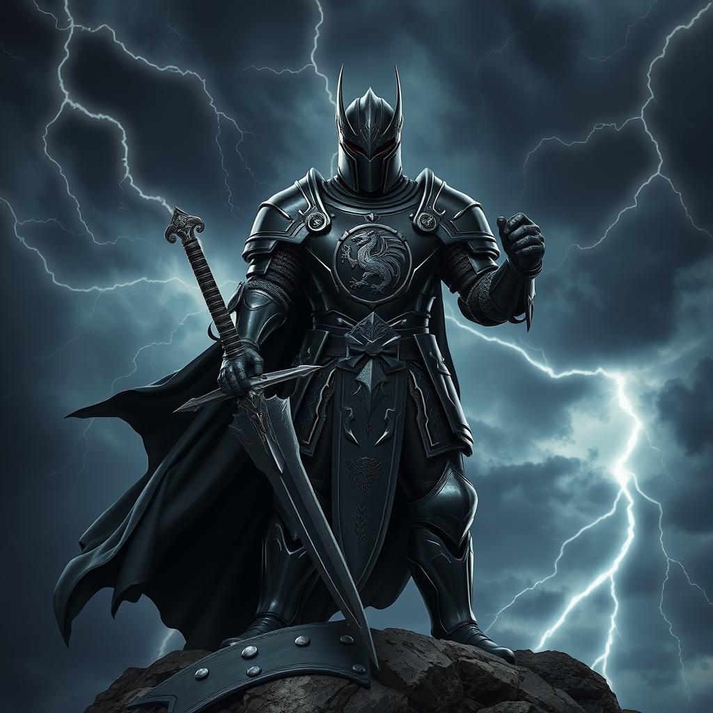 A formidable black knight in dark, polished armor standing imposingly on a rocky outcrop