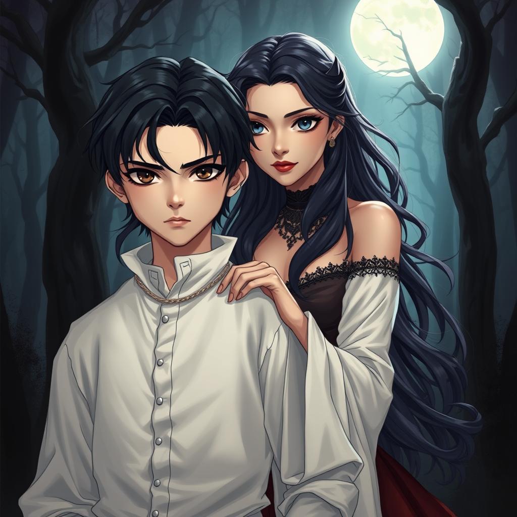 A striking illustration of a young male version of the Antichrist, depicted as a boy with dark hair and intense, captivating eyes, embodying a blend of innocence and hidden power