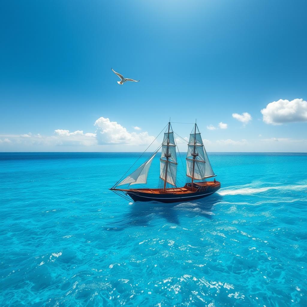 A stunning blue sea landscape featuring a majestic ship sailing across the vibrant, crystal-clear waters