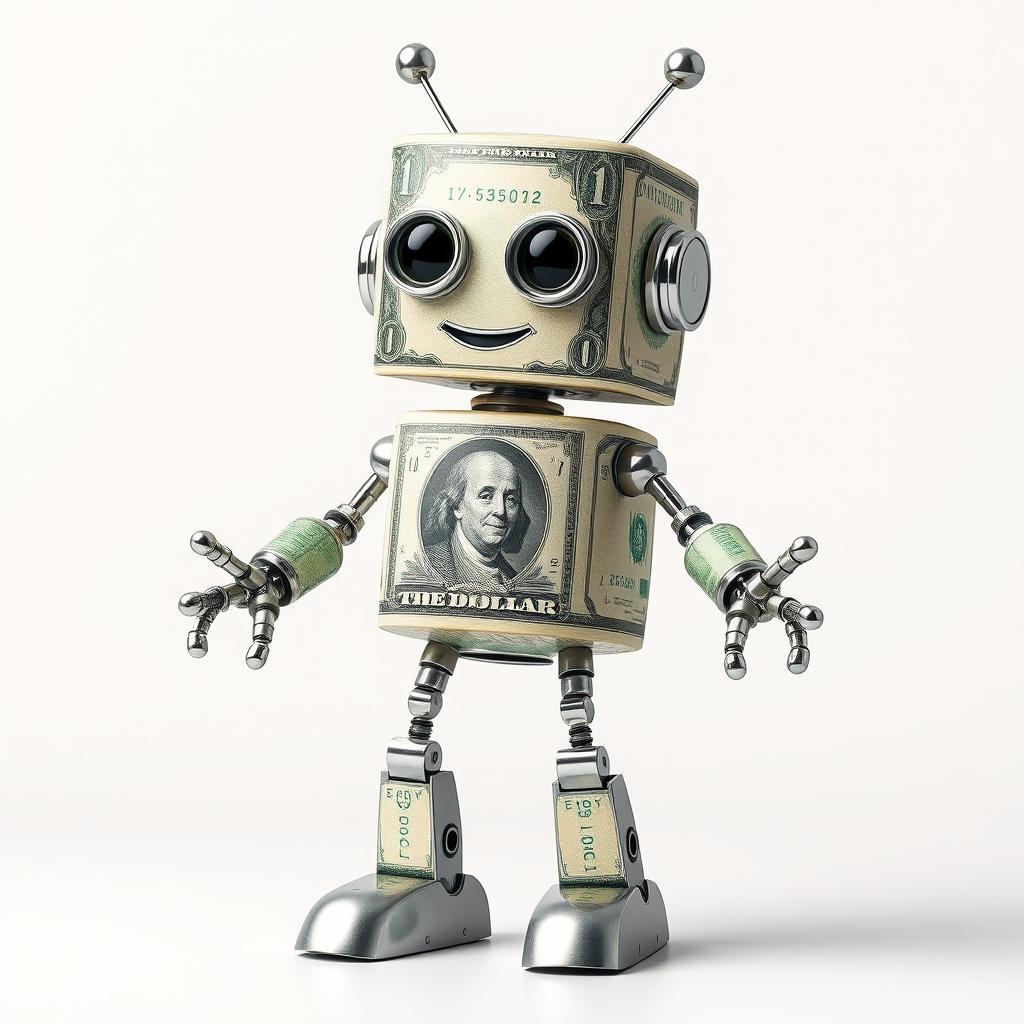 A whimsical robot designed to look like it's made from a single dollar bill, incorporating the intricate patterns and colors of the currency