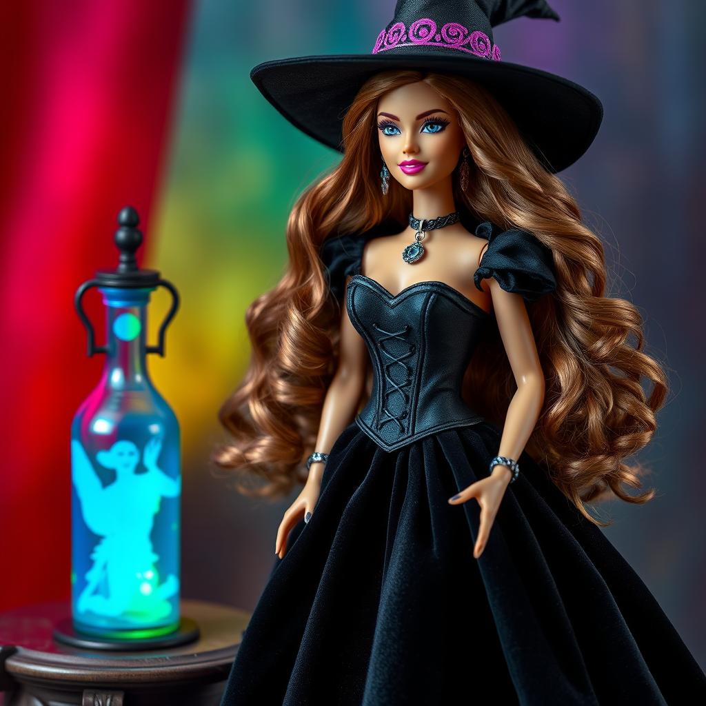 A Barbie witch doll with very long, wavy brown hair