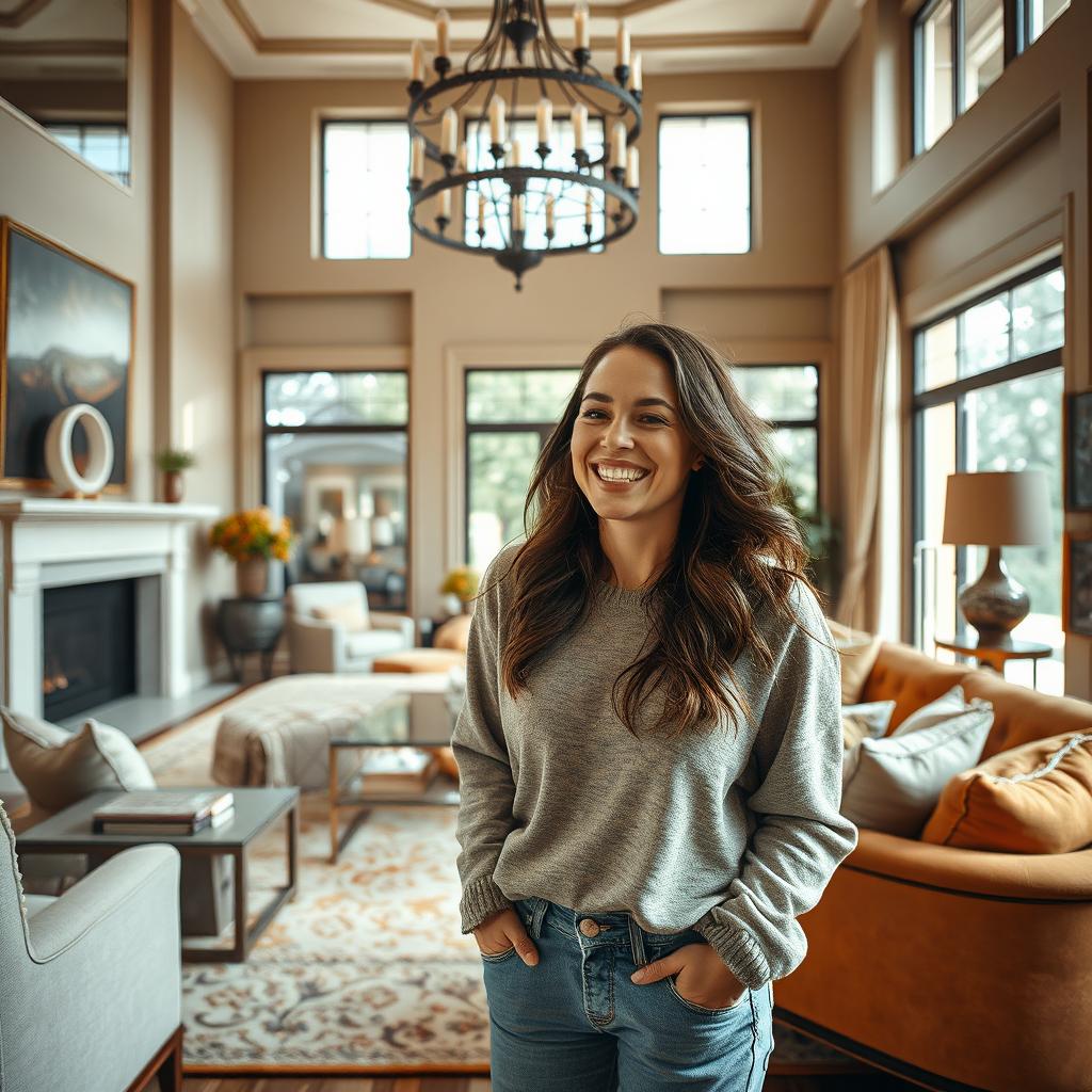 A joyful woman in her luxurious home, featuring elegant decor, plush furnishings, and large windows that let in abundant natural light