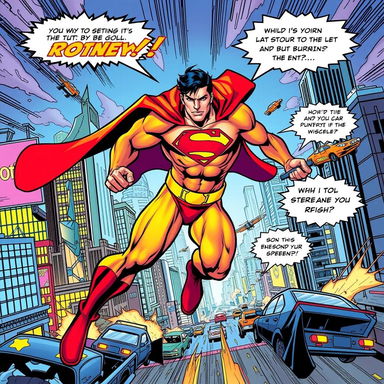 A vibrant comic book style illustration featuring a dynamic superhero in action