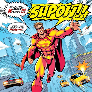 A vibrant comic book style illustration featuring a dynamic superhero in action