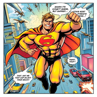 A vibrant comic book style illustration featuring a dynamic superhero in action
