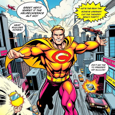 A vibrant comic book style illustration featuring a dynamic superhero in action