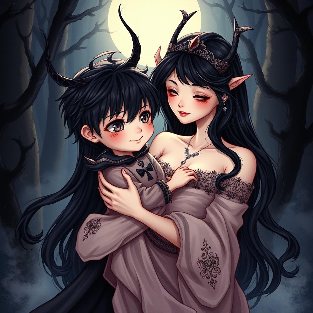 An enchanting illustration of a small male Antichrist character being lovingly cradled by Lilith