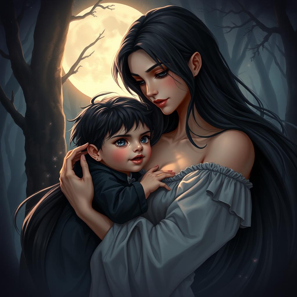 A captivating illustration of a young male Antichrist, portrayed as a small boy with dark hair and intense eyes, showing both a playful and dark essence