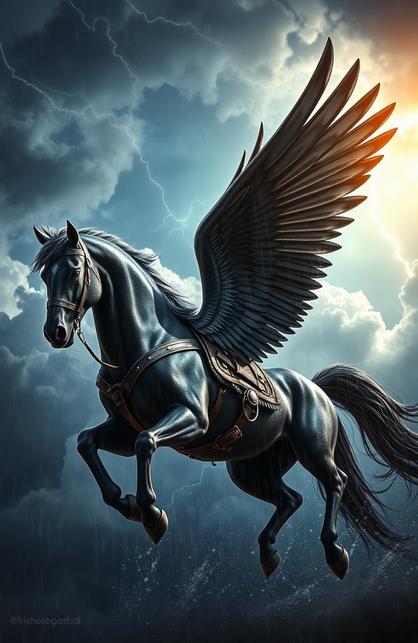 A stunning fantasy scene featuring a dark-colored Pegasus, its powerful wings spread wide, soaring through a stormy sky filled with dramatic clouds and flashes of lightning