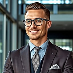 A handsome man wearing stylish glasses and a tailored suit, exuding confidence and sophistication