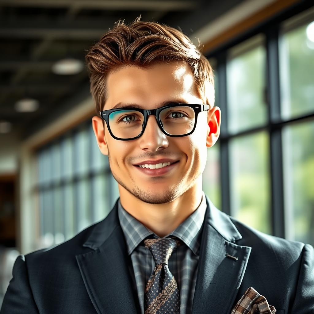 A handsome man wearing stylish glasses and a tailored suit, exuding confidence and sophistication