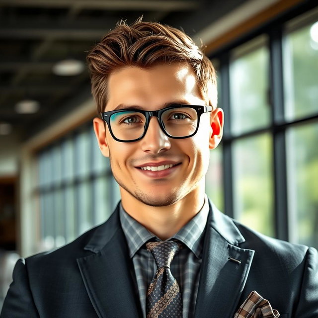A handsome man wearing stylish glasses and a tailored suit, exuding confidence and sophistication