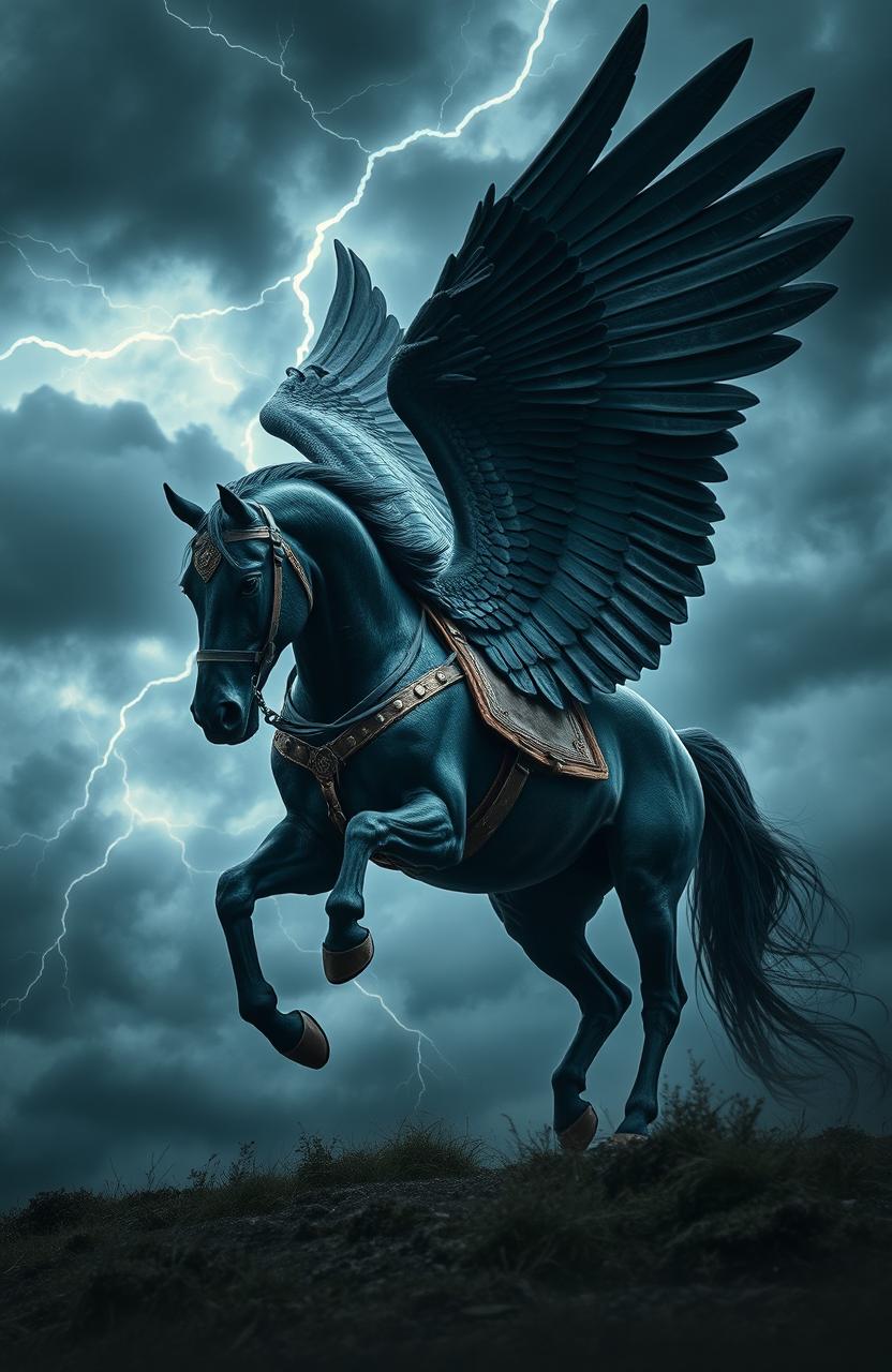 A dramatic scene featuring a dark-colored Pegasus with its magnificent wings fully spread, showcasing intricate details of the harness specially designed for riding