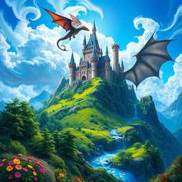 A vibrant and eye-catching poster featuring a fantasy landscape with a majestic castle atop a mountain