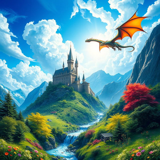 A vibrant and eye-catching poster featuring a fantasy landscape with a majestic castle atop a mountain