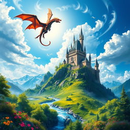 A vibrant and eye-catching poster featuring a fantasy landscape with a majestic castle atop a mountain